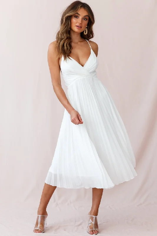 Artemis Accordion Pleat Strappy Back Midi Dress White