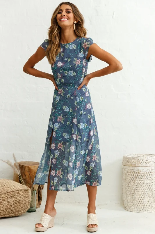 Becky Cap Sleeve Crew Neck Midi Dress Floral Print Ink