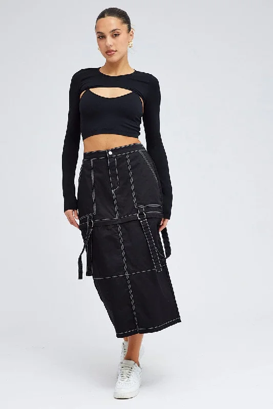 Black Cargo Skirt High Rise Elastic Two-way Midi Mini