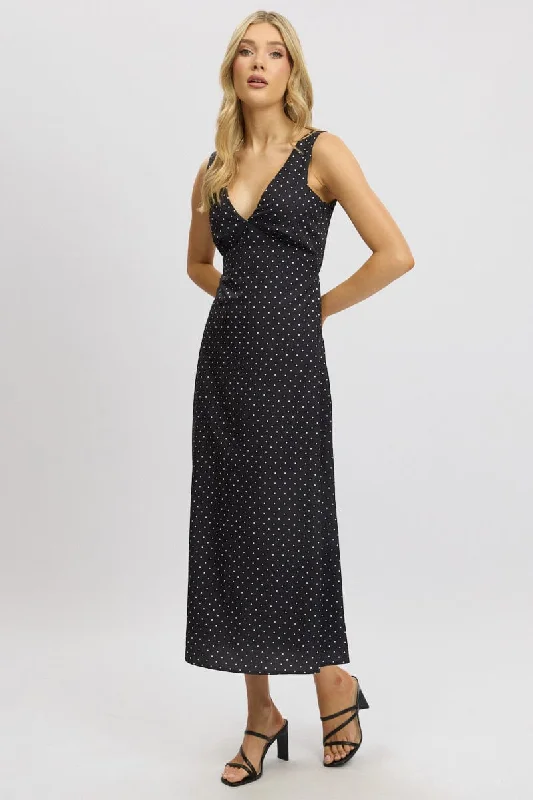 Black Polka Dot Maxi Dress V-neck