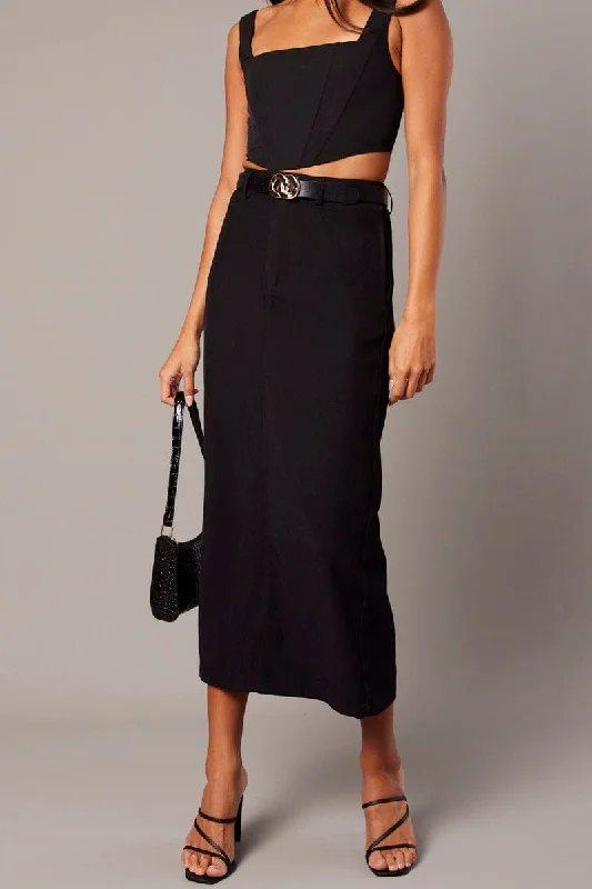 Black Tailored Maxi Skirt High Rise