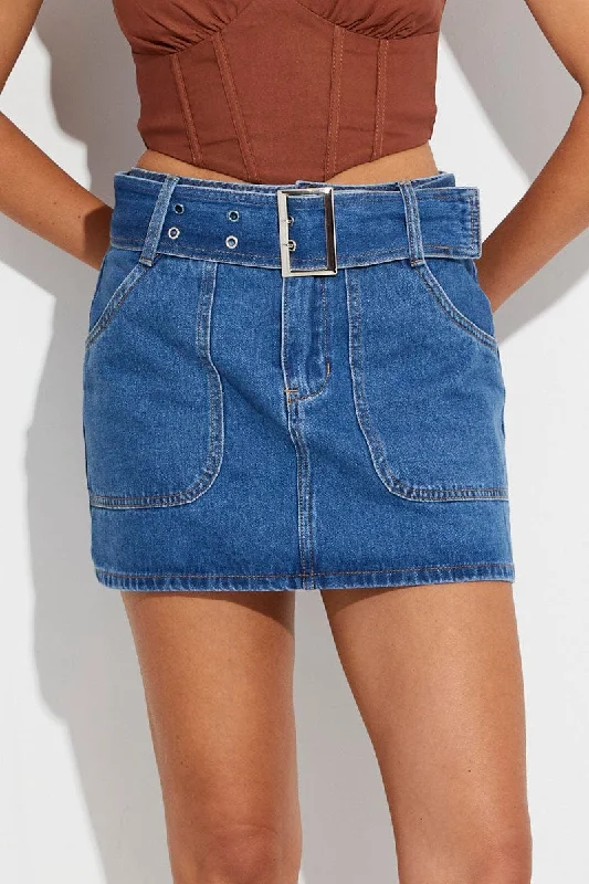 Blue Mini Skirt Low Rise Belted Denim