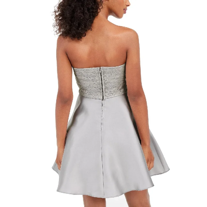 City Studios Juniors' Strapless Lace Bow Dress Gray Size 9