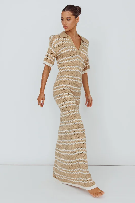 Clearwater Crochet Short Sleeve Maxi Dress Beige/White