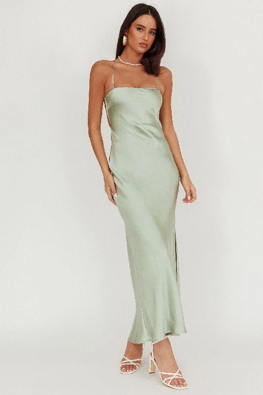 Dolce Life Backless Satin Maxi Dress Sage