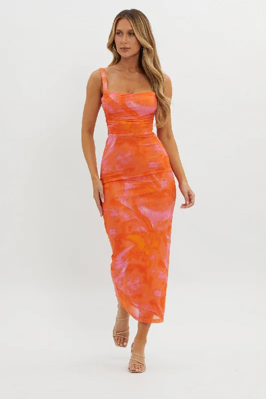 Dream Crush Lace-Up Back Side Split Maxi Dress Swirl Orange