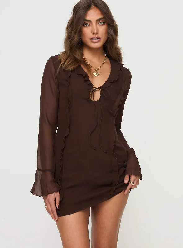 Fairly Long Sleeve Mini Dress Chocolate