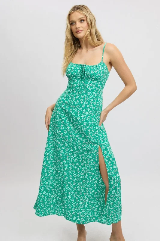 Green Ditsy Midi Dress Gathered Bust