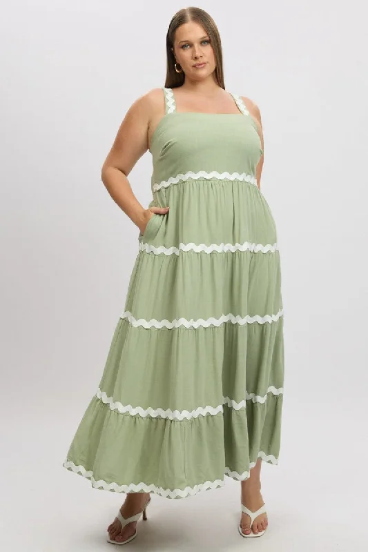 Green Midi Dress Sleeveless Ric Rac Tiered Linen Blend