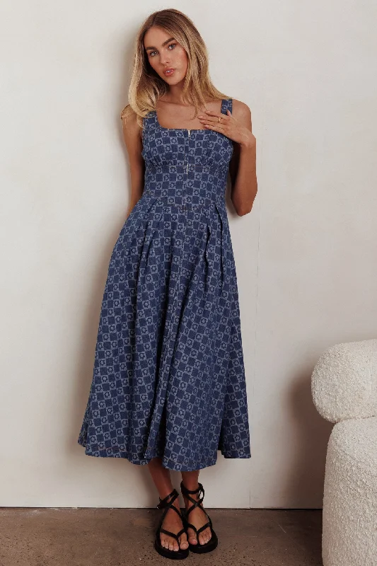 Hair Down Square Neck A-Line Midi Dress Floral Denim