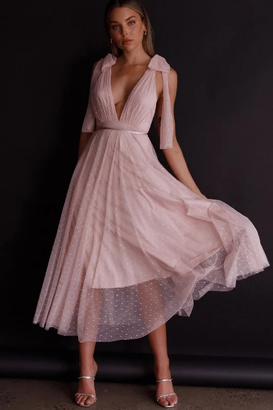 Kathryn Tied Shoulder Mesh Midi Dress Blush