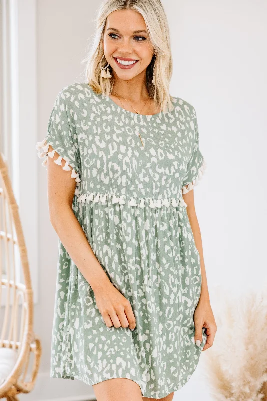 Live Your Life Sage Green Leopard Tassel Dress