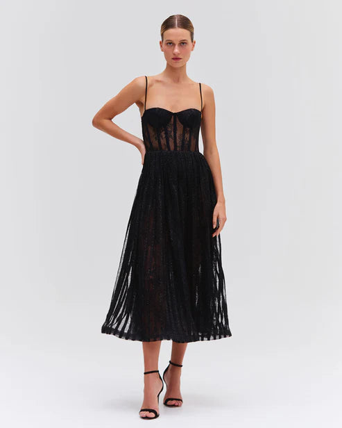 Lurex Tulle Bustier Midi Dress - Black