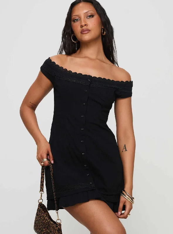 Mirrorball Off The Shoulder Mini Dress Black