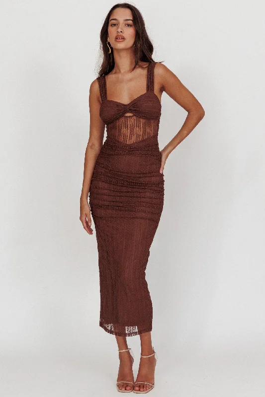 Oliana Embroidered Mesh Midi Dress Chocolate