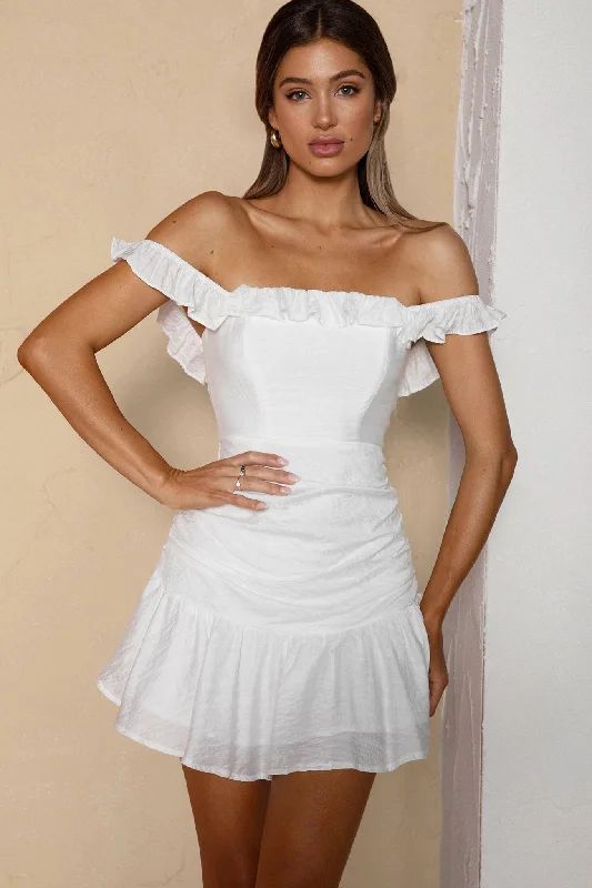 Paradis Off-Shoulder Ruched Bodice Mini Dress White