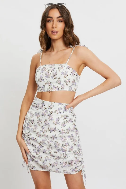 Print Ruched Drawstring Skirt Co-Ord