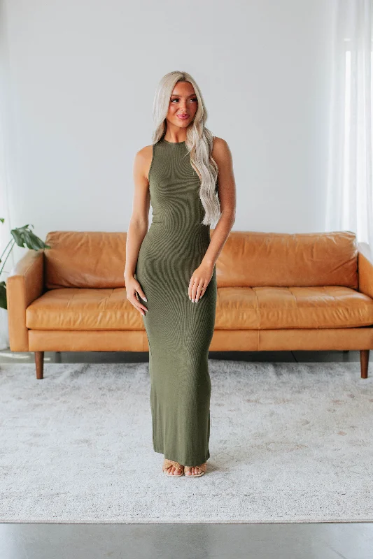 Sheila Ribbed Maxi Dress - Dark Olive