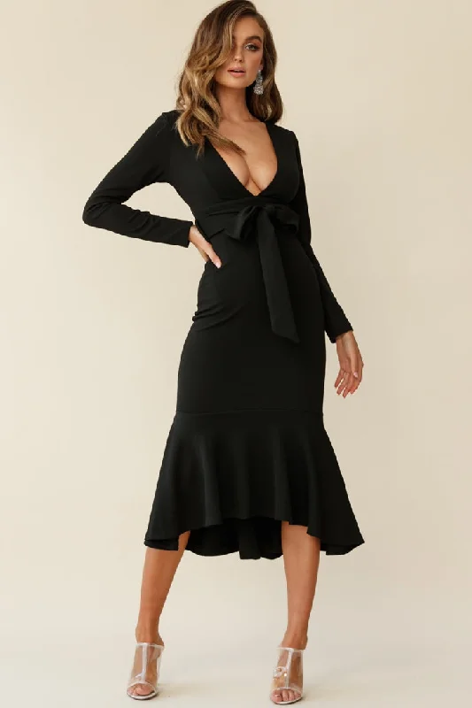 Sorry Not Sorry Long Sleeve Flounce Midi Dress Black